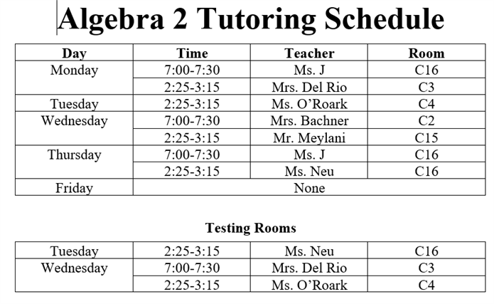 Algebra 2 Tutoring Schedule